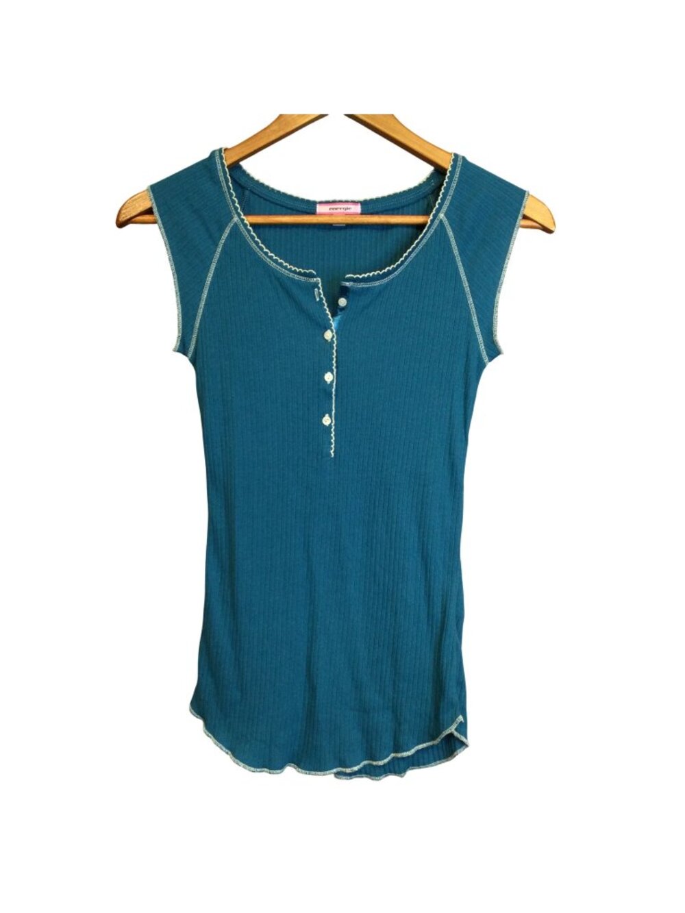Vintage 90s Y2K Energie Blue Ribbed Henley Top Lace Trim Size M